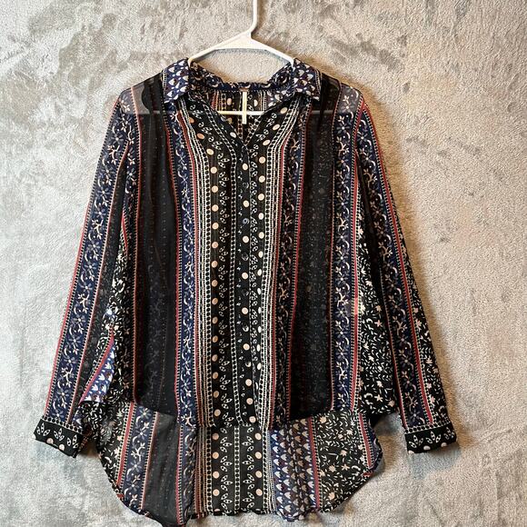 Free People Blouse Moonlight Mile Boho Shirt Black Sheer Chiffon Floral Size XS - Picture 1 of 7